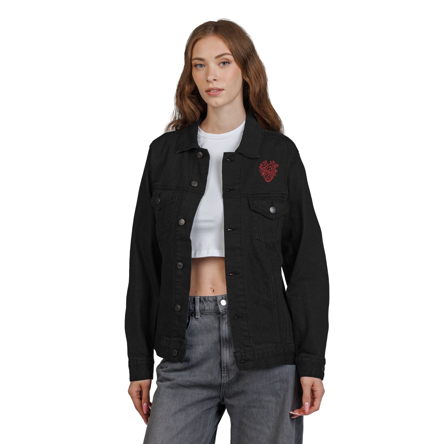 Embroidered Unisex Denim Jacket with Heart Design, Perfect for Gifts, Casual Wear, Spring Fashion, Festival Outfits, Unique Style