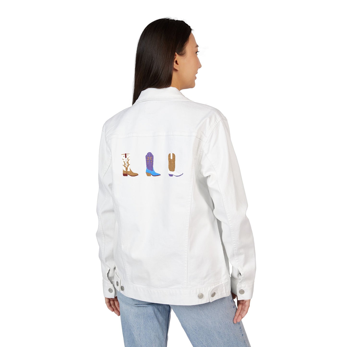 Embroidered Denim Jacket with Cowgirl Boot Design, Perfect for Gifts, Casual Wear, Spring Fashion, Festival Outfits, Unique Style