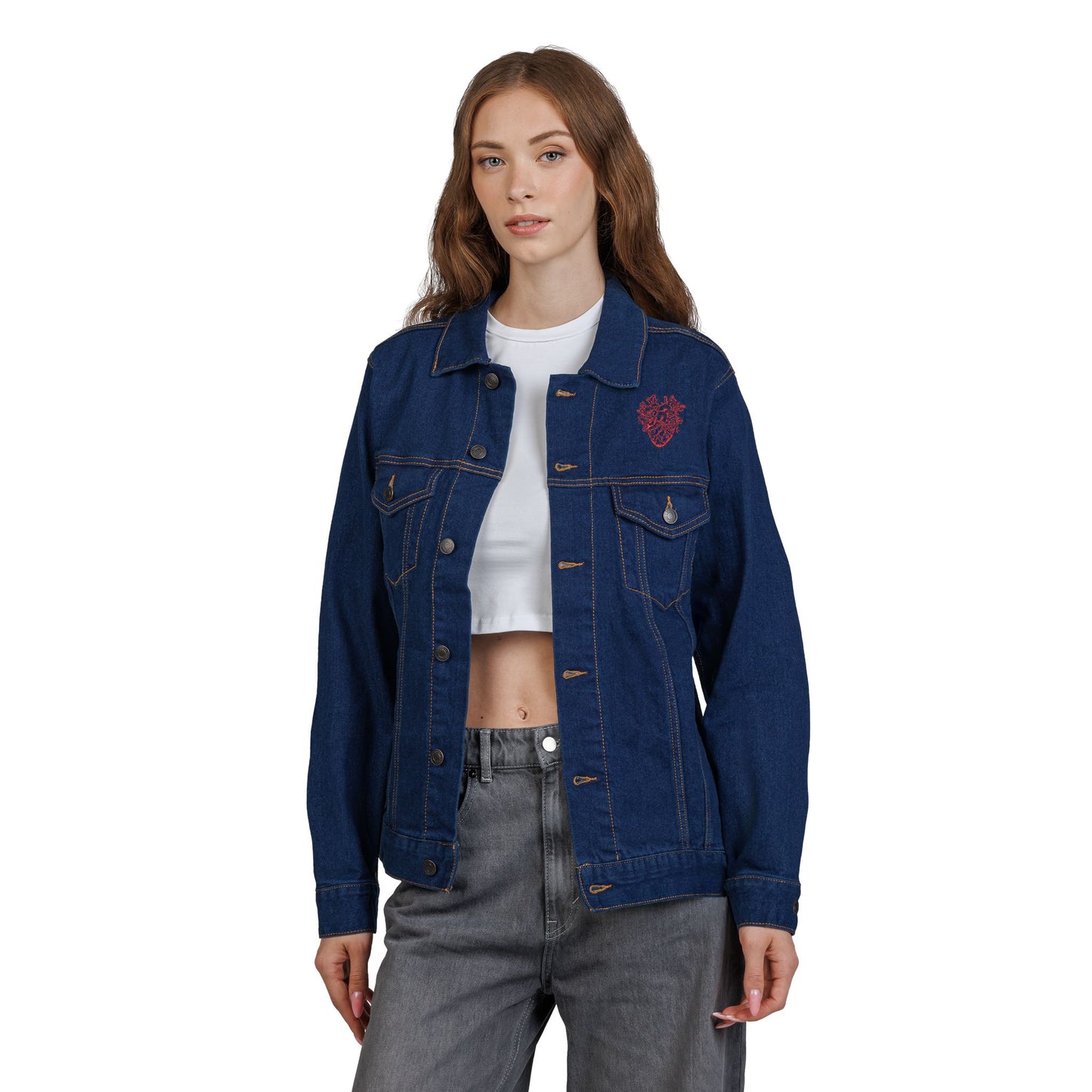 Embroidered Unisex Denim Jacket with Heart Design, Perfect for Gifts, Casual Wear, Spring Fashion, Festival Outfits, Unique Style