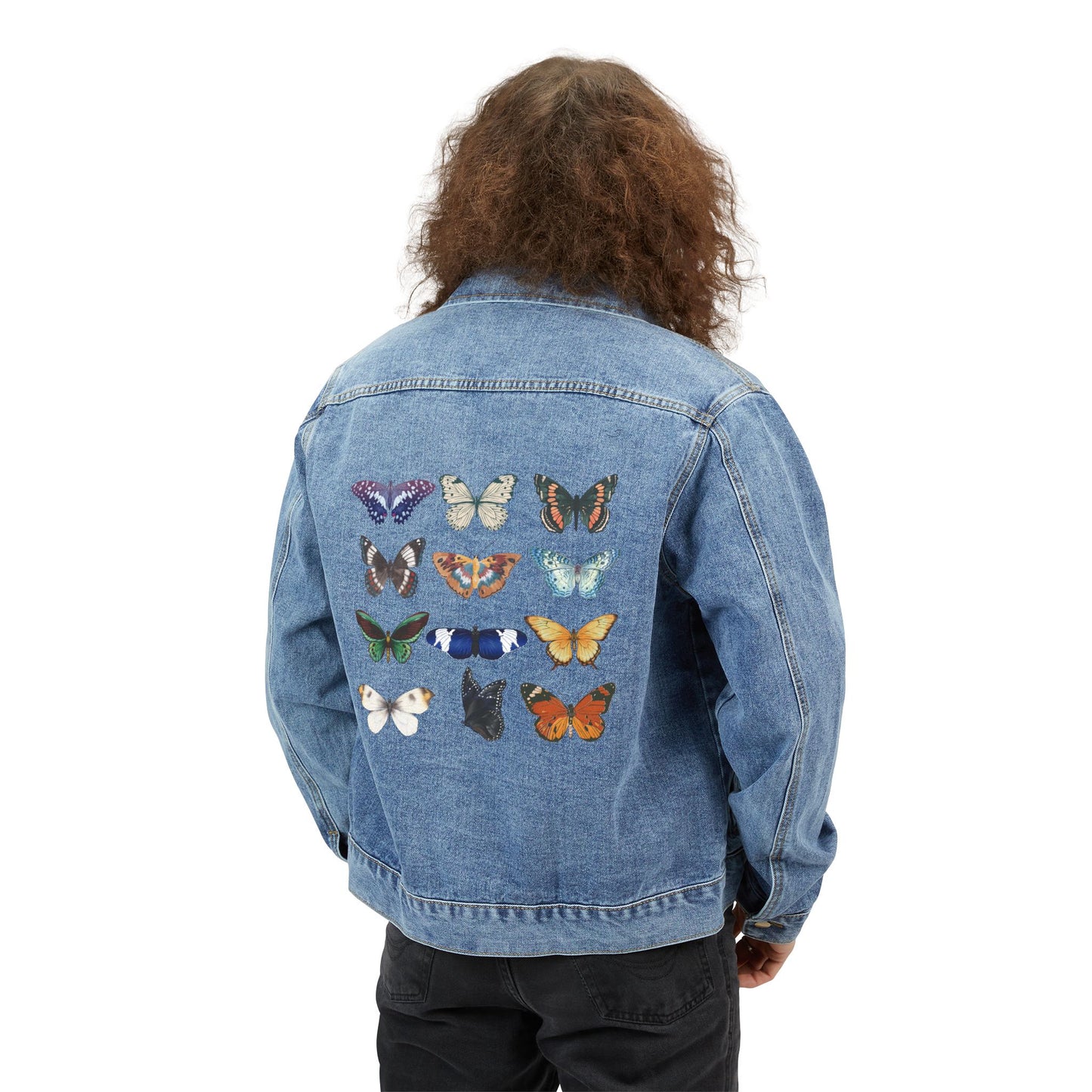 Colorful Butterfly Patch Unisex Denim Jacket | Embroidered Back Art, Nature Motif